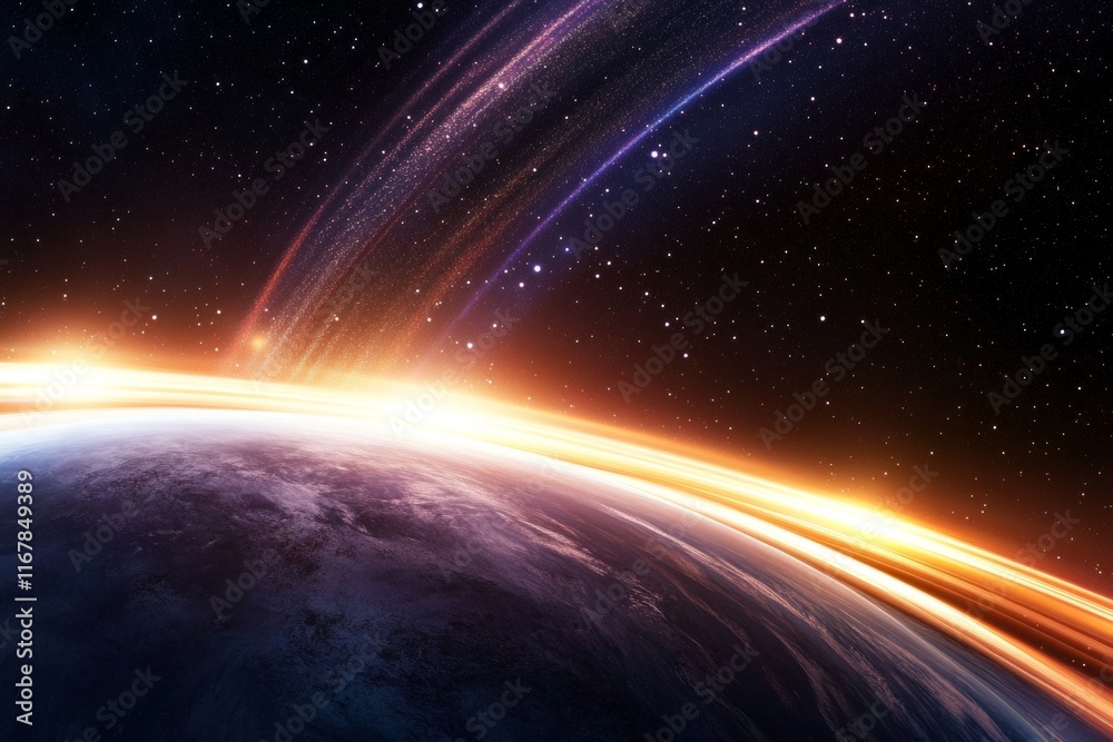 Obraz premium Planet with a bright orange sun in the sky