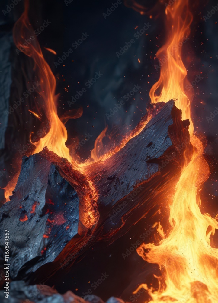 Blazing red flames engulf a dark canvas, as blue embers flicker in the background, blaze, dark background, burning Blazing red flames engulf a dark canvas, as blue embers flicker in the background, blaze, dark background, burning