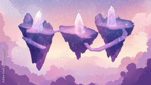 Vector illustration, japanese anime style floating islands in pastel cosmic space, crystalline bridges connecting islands glowing in soft lavender light,. Crystaline. Illustration photo