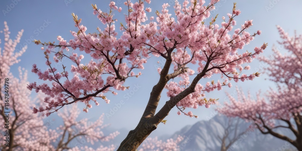 Botanical illustration of a blooming cherry blossom tree in spring, season, bloom, greenery Botanical illustration of a blooming cherry blossom tree in spring, season, bloom, greenery