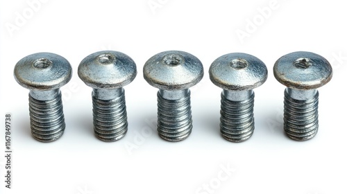 Five  metal  bolts  in  a  row  on  a  white  background. photo