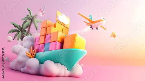 A cargo ship departing a busy port with stacked containers in vibrant colors.