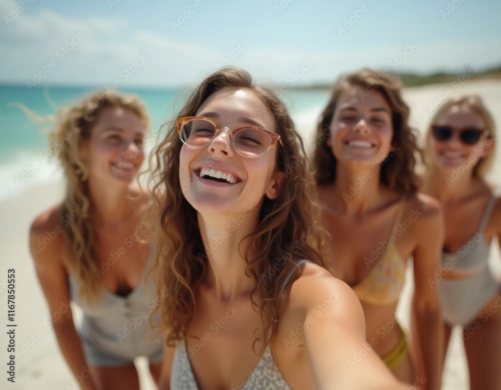 Friends enjoy a sunny day at the beach, smiling and laughing as they capture a fun moment together. The blue sky complements their joyful spirit and summer vibe. White sand. Generative AI Friends enjoy a sunny day at the beach, smiling and laughing as they capture a fun moment together. The blue sky complements their joyful spirit and summer vibe. White sand. Generative AI