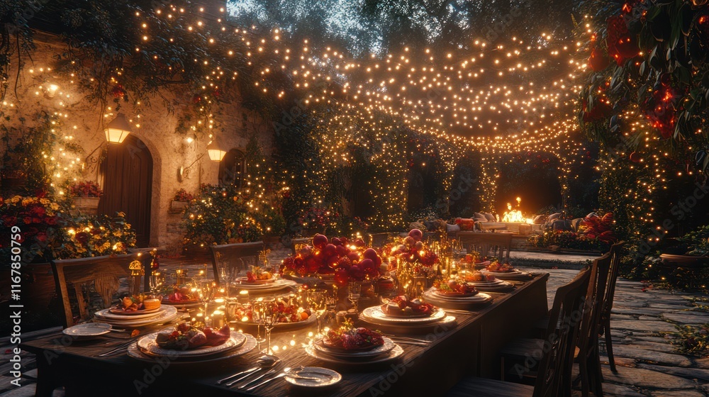 Festive outdoor dining area with string lights and floral decorations, romantic ambiance, elegant dinner setting. Festive outdoor dining area with string lights and floral decorations, romantic ambiance, elegant dinner setting.