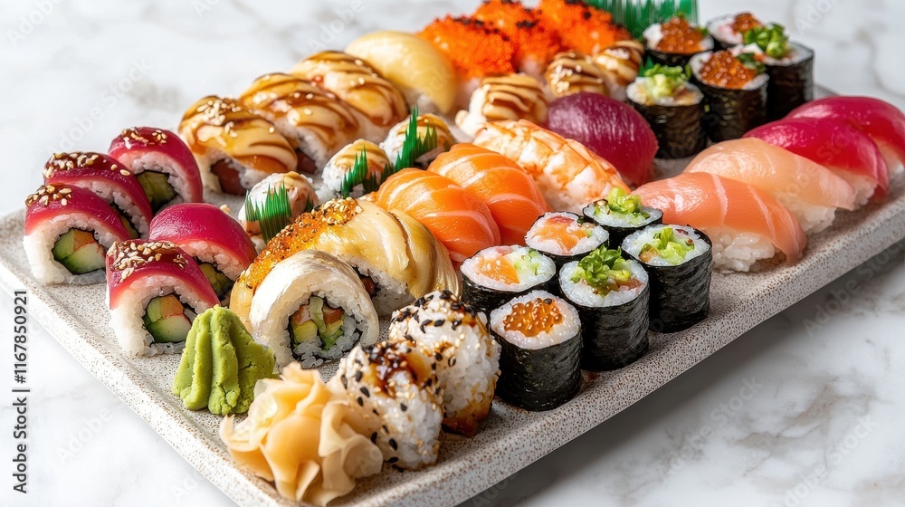 Sushi platter with nigiri, maki rolls, wasabi, and pickled ginger Sushi platter with nigiri, maki rolls, wasabi, and pickled ginger