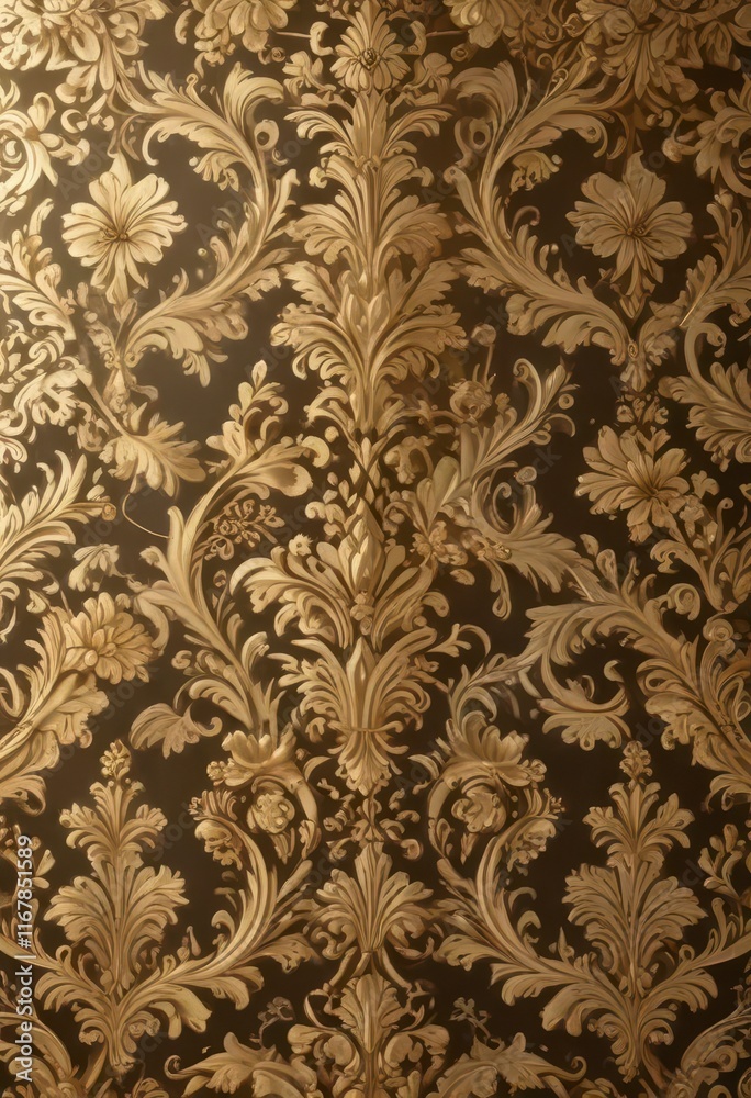 Damask floral pattern with golden accents on a luxurious gold background, flowers, foliage, golden damask Damask floral pattern with golden accents on a luxurious gold background, flowers, foliage, golden damask