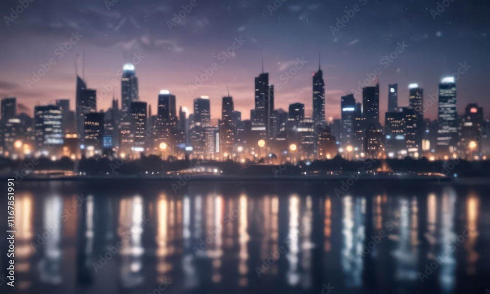 Obraz premium Cityscape at dusk with abstract circular bokeh lights on a blue background, night scene, blue sky,