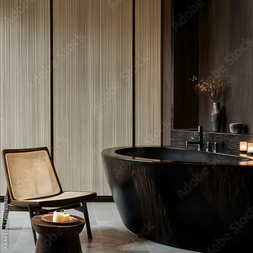 A modern Japandiinspired kitchen with dark wood a black and beige color scheme minimalistic design a cozy atmosphere with textured oak panels in the background An ultrar photo