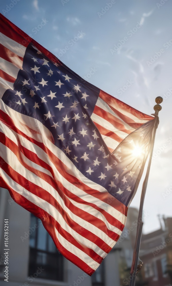 Obraz premium Close-up of American flag waving high in air, sunlight filter, blur , fabric, rays