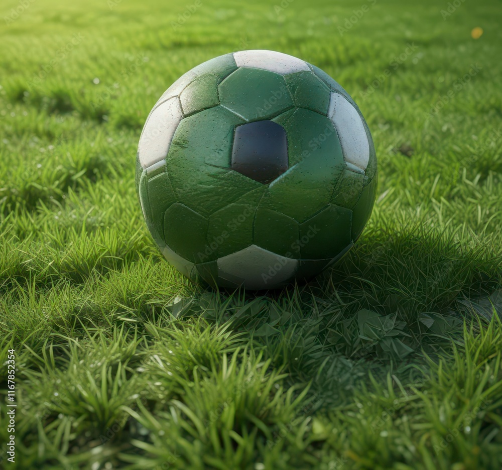 Fototapeta premium Closeup of soccer ball on lush green grass with subtle texture and reflections, green grass, texture, outdoor sports