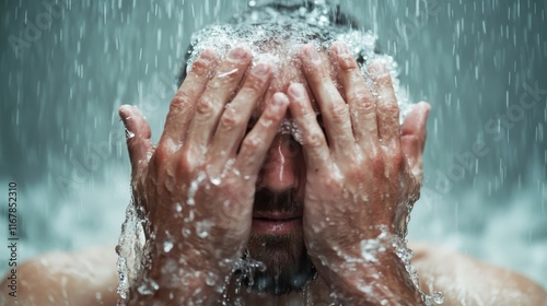 A man stands beneath a cascading waterfall, water pouring over him as he embraces a moment of vulnerability, capturing raw emotions and the catharsis of nature. photo