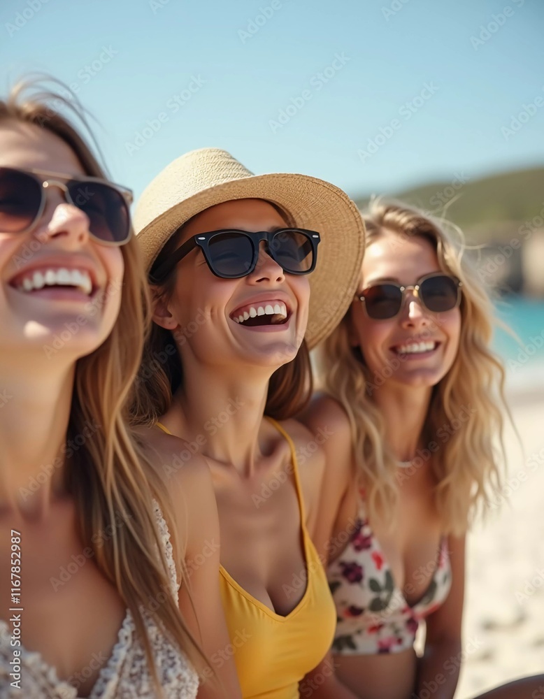 Friends enjoy a sunny day at the beach, smiling and laughing as they capture a fun moment together. The blue sky complements their joyful spirit and summer vibe. White sand. Generative AI Friends enjoy a sunny day at the beach, smiling and laughing as they capture a fun moment together. The blue sky complements their joyful spirit and summer vibe. White sand. Generative AI
