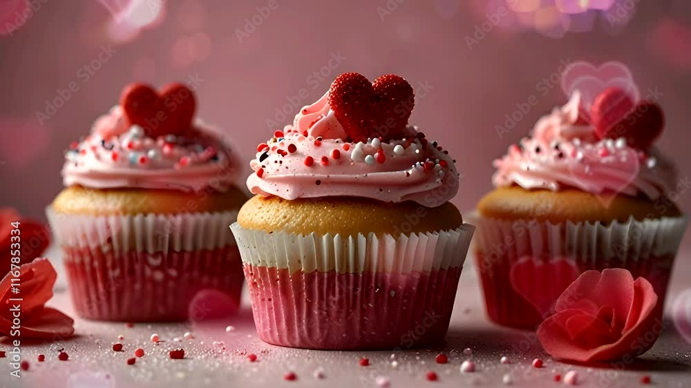 Cupcakes decorated with vanilla cream and heart decoration on top are perfect as gifts for Valentine's Day.,seamless looping 4k video background