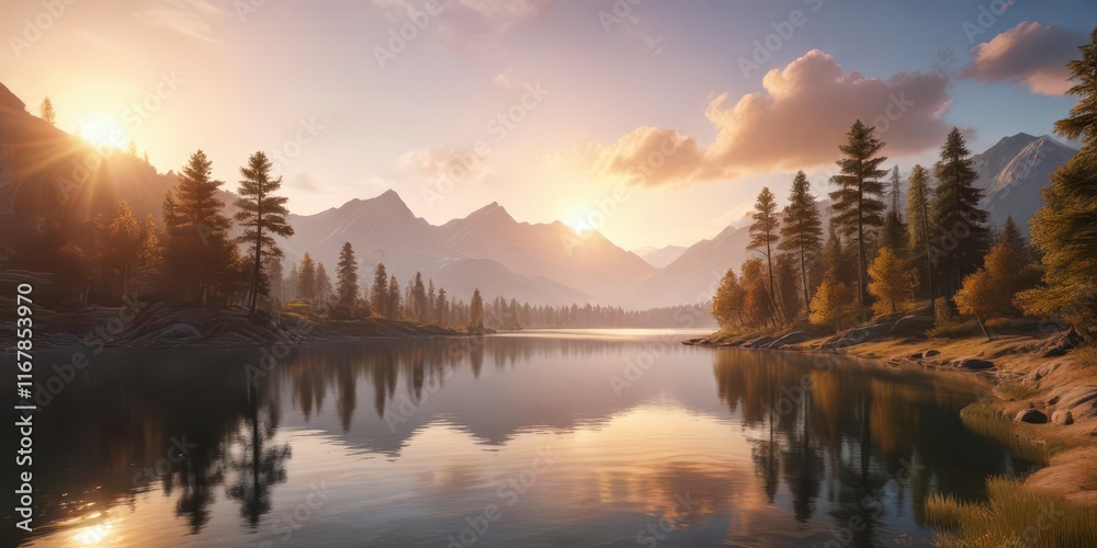 Fototapeta premium Elegant landscape with sun setting behind mountains, trees and lake in serene atmosphere , nature scenery, lake, natural beauty