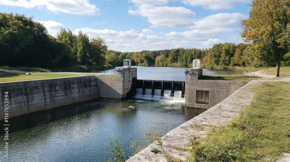 Canal lock with water flowing over sluice gates, surrounded by trees and a grassy bank. Canal lock with water flowing over sluice gates, surrounded by trees and a grassy bank.