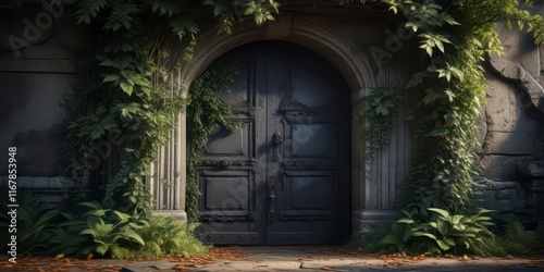 Dark leafy foliage wrapped around a mysterious, ancient door,  spooky ambiance ,  dark passage,  overgrown vegetation photo