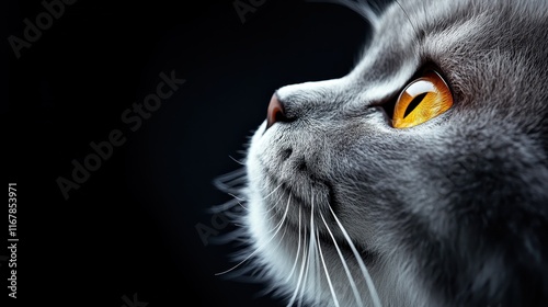 A mesmerizing profile view of a gray cat with amber eyes highlights the elegance of its fur and the gracefulness of its pose, evoking a sense of tranquility and beauty.