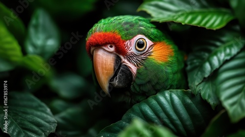 A close-up of a vibrant parrot nestled among lush green leaves, showcasing the animal's vivid colors and intricate details, capturing nature's beauty. photo