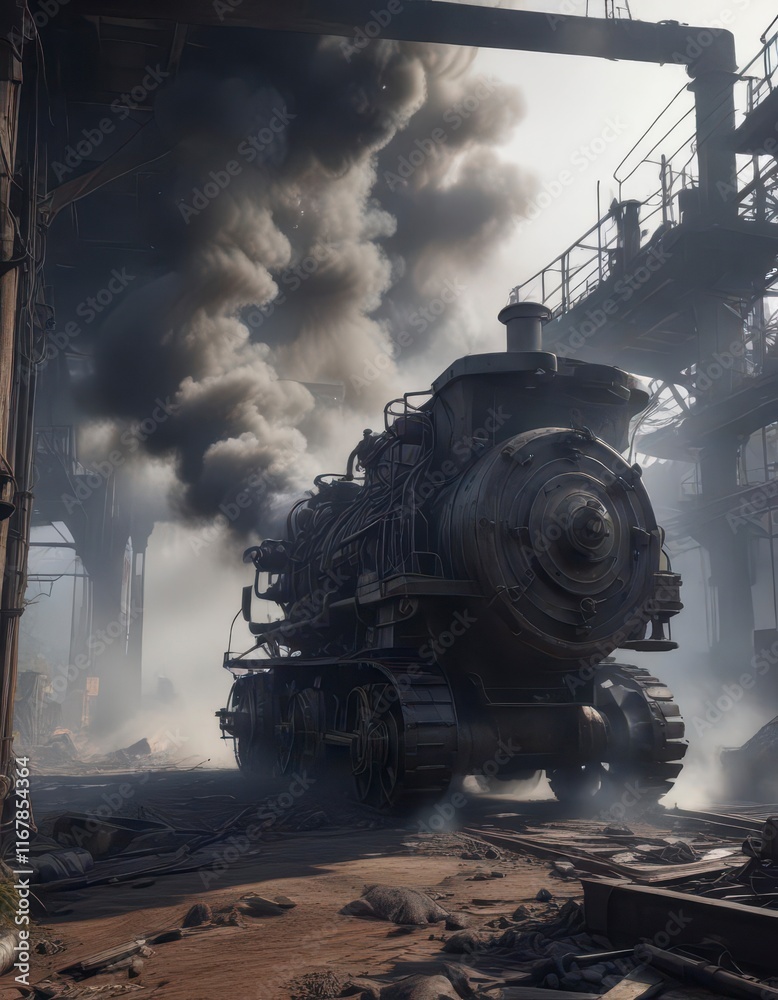 Fototapeta premium Dark smoke swirling around abandoned machinery, industrial decay, ambiance, shadows