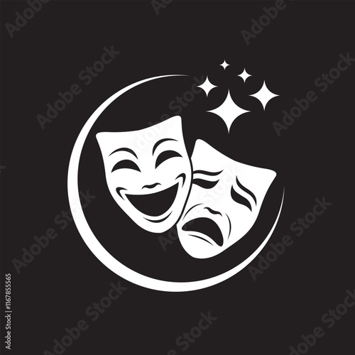 icon of comedy and tragedy theatrical masks isolated on black background
