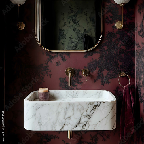 Design a bathroom with a wallmounted rectangular white marble sink made from pure veinless marble placed against an avantgarde burgundy and dark green wallpaper The sink photo