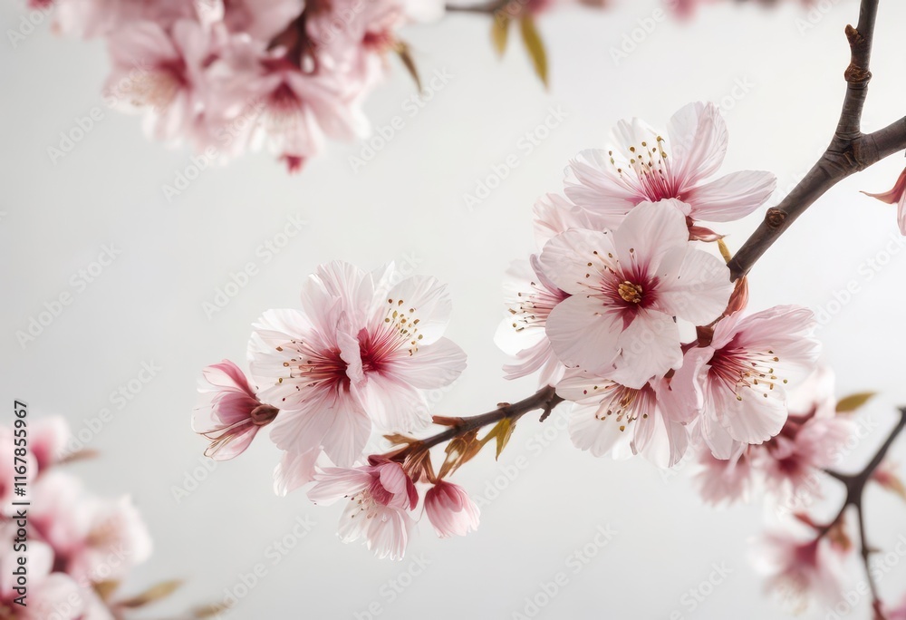 Fototapeta premium Delicate watercolor cherry blossoms against a soft white background, pink, blossoms, watercolor