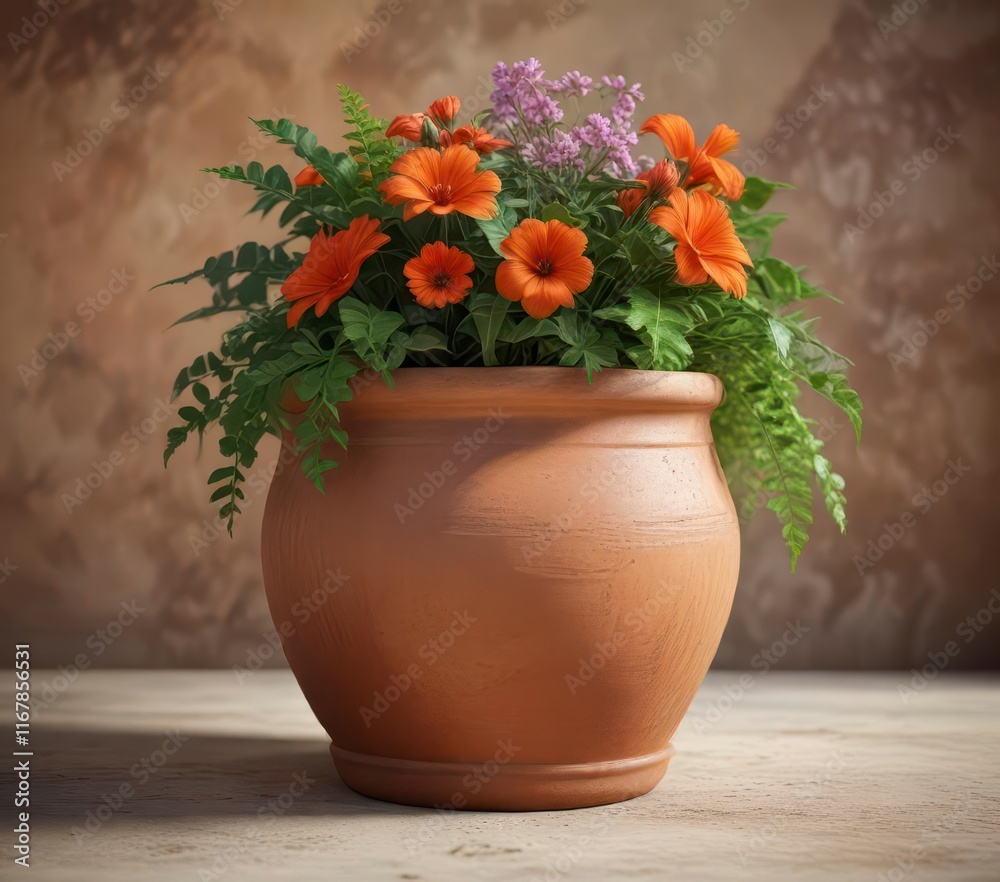 Earthy terracotta pot with lush greenery and vibrant flowers , natural, earthy, botanical Earthy terracotta pot with lush greenery and vibrant flowers , natural, earthy, botanical