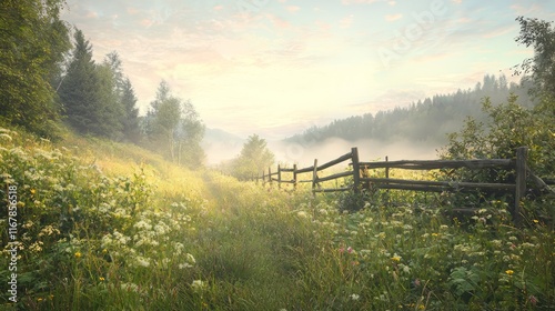 Wallpaper Mural Tranquil Morning in a Misty Meadow - Serene Rural Landscape with Wooden Fence and Soft Dawn Light, Peaceful Nature Scene for Relaxation Torontodigital.ca