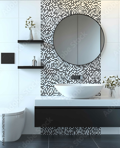 3D rendering of a bathroom wall with mosaic tiles in a white and black color combination There is one shelf on the back of the toilet that has a small mirror hanging abo photo