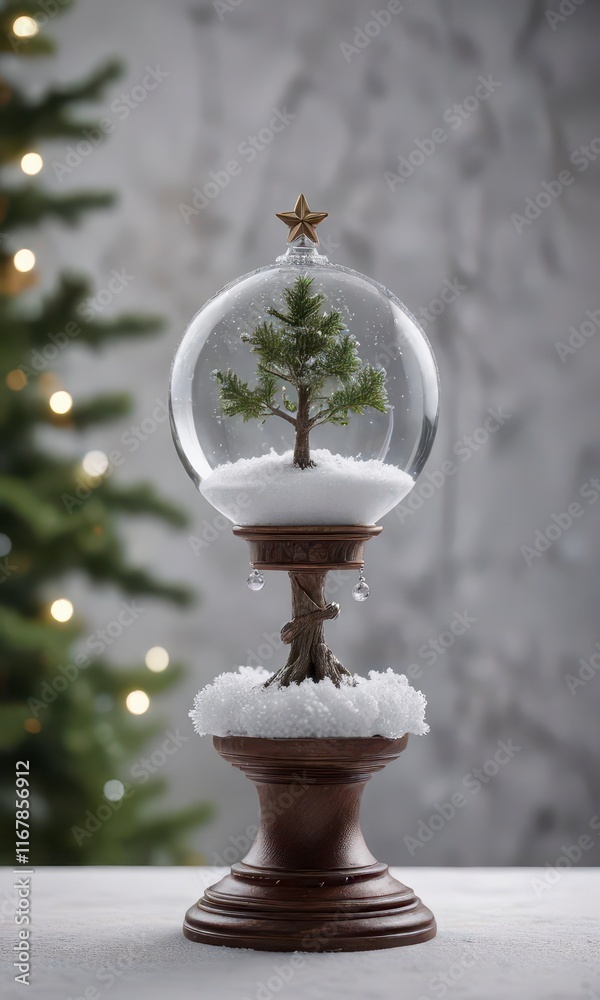 Obraz premium Glassy globe containing miniature snow-covered tree with sparkly ornaments and a star on top, glass container, winter wonderland, sparkle