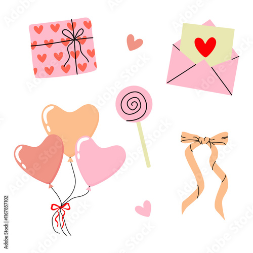 Cute collection of romantic themed items for celebrating love and affection