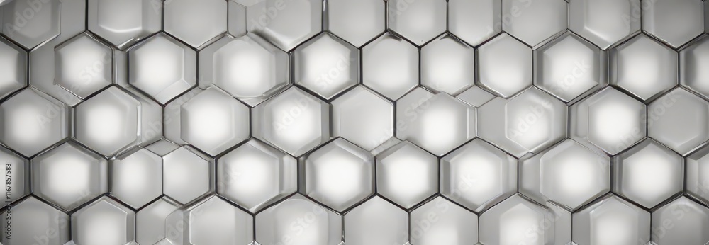 Naklejka premium Hexagonal metallic tiles in a symmetrical arrangement with soft white light glowing through them, metal, geometry, hexagonal