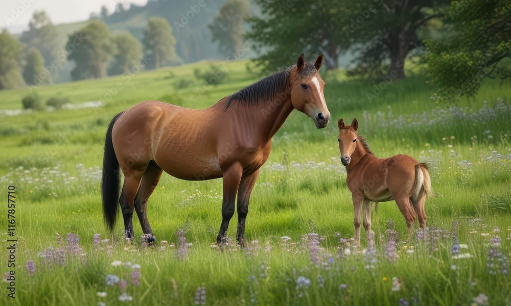 Mare and foal in lush green meadow with wildflowers, countryside, animal, green Mare and foal in lush green meadow with wildflowers, countryside, animal, green
