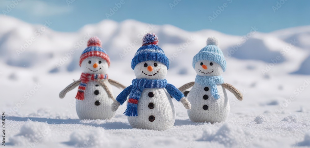 Miniature knitted snowmen in a field of soft white snow against a blue sky, blue sky, small knitted snowman, tiny snowman Miniature knitted snowmen in a field of soft white snow against a blue sky, blue sky, small knitted snowman, tiny snowman