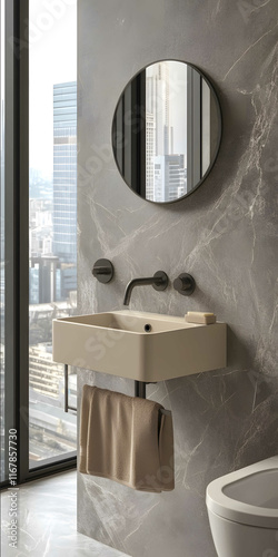 A creamcolored sink with an elegant design hanging on the wall of the bathroom in front of a window overlooking the cityscape A mirror is attached to one side above it a photo