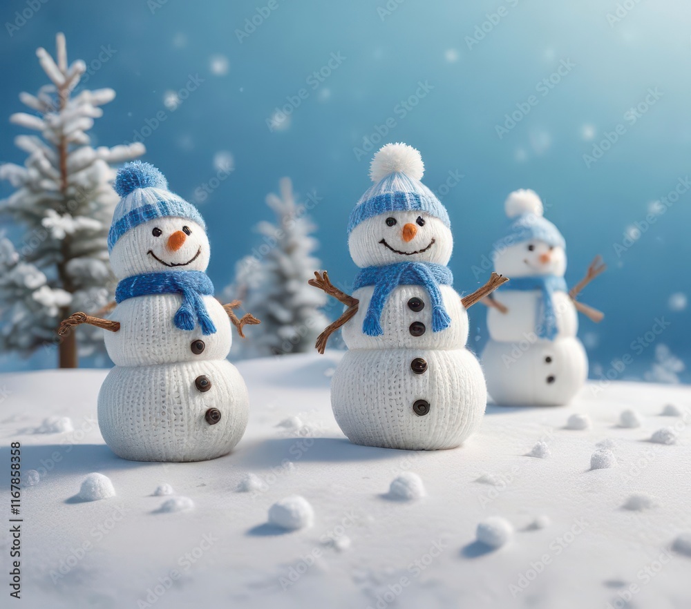 Knitted snowmen scattered across soft white snow on a serene blue winter background, winter landscape, winter wonderland, snowman decor Knitted snowmen scattered across soft white snow on a serene blue winter background, winter landscape, winter wonderland, snowman decor