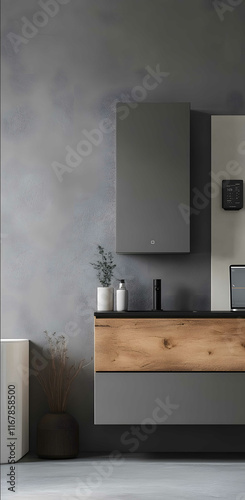 A gray wall with an integrated silver metallic gas water heating storage boiler in front of the laptop is an electric smart control panel next to it theres a modern mini photo