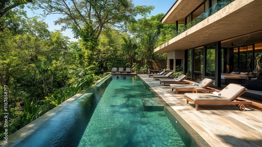 Fototapeta premium Luxury resort hotel, elegant poolside with lounge chairs, modern architecture surrounded by lush greenery, tropical paradise