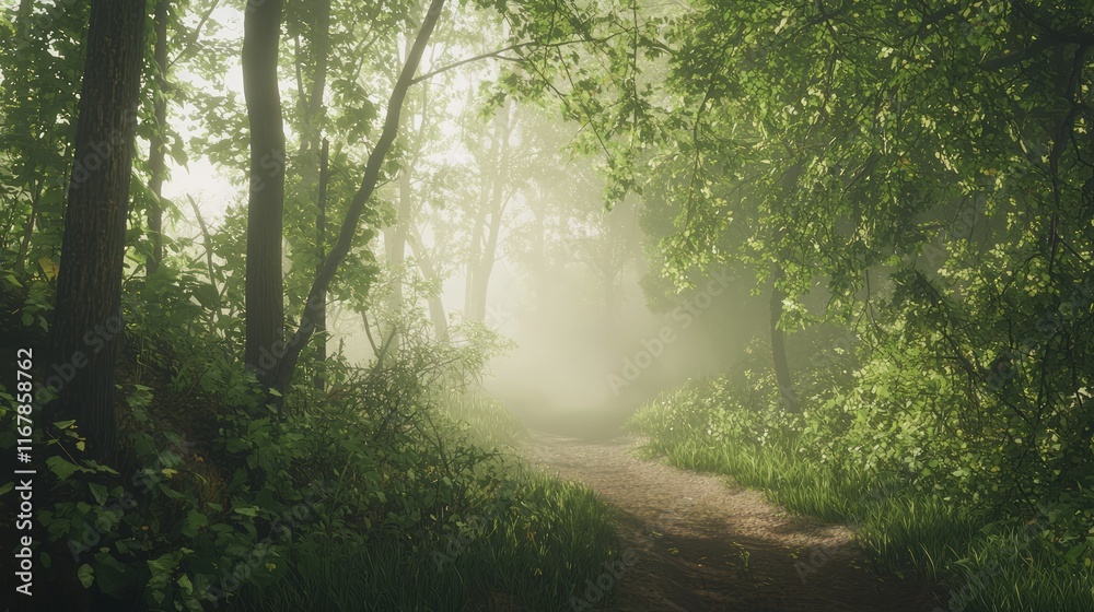 Fototapeta premium Enchanted Forest Trail: Mystical Foggy Path with Sunlight Filtering Through Trees, Illuminating Leaves and Underbrush in Tranquil Setting