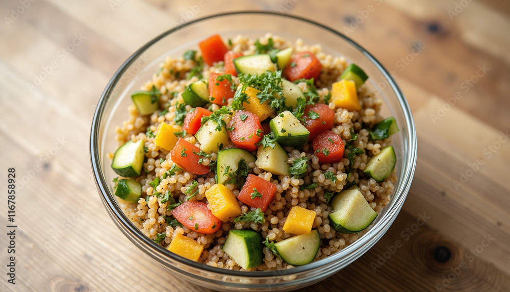 Vegetable Quinoa Bowl with vibrant diced vegetables creating a fresh and healthy appearance, emphasizing nutritious ingredients in a shallow glass dish on a wooden table Vegetable Quinoa Bowl with vibrant diced vegetables creating a fresh and healthy appearance, emphasizing nutritious ingredients in a shallow glass dish on a wooden table