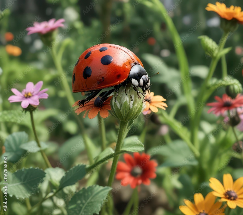 Ladybug and flower blooming together in the garden,  garden,  colors,  spring