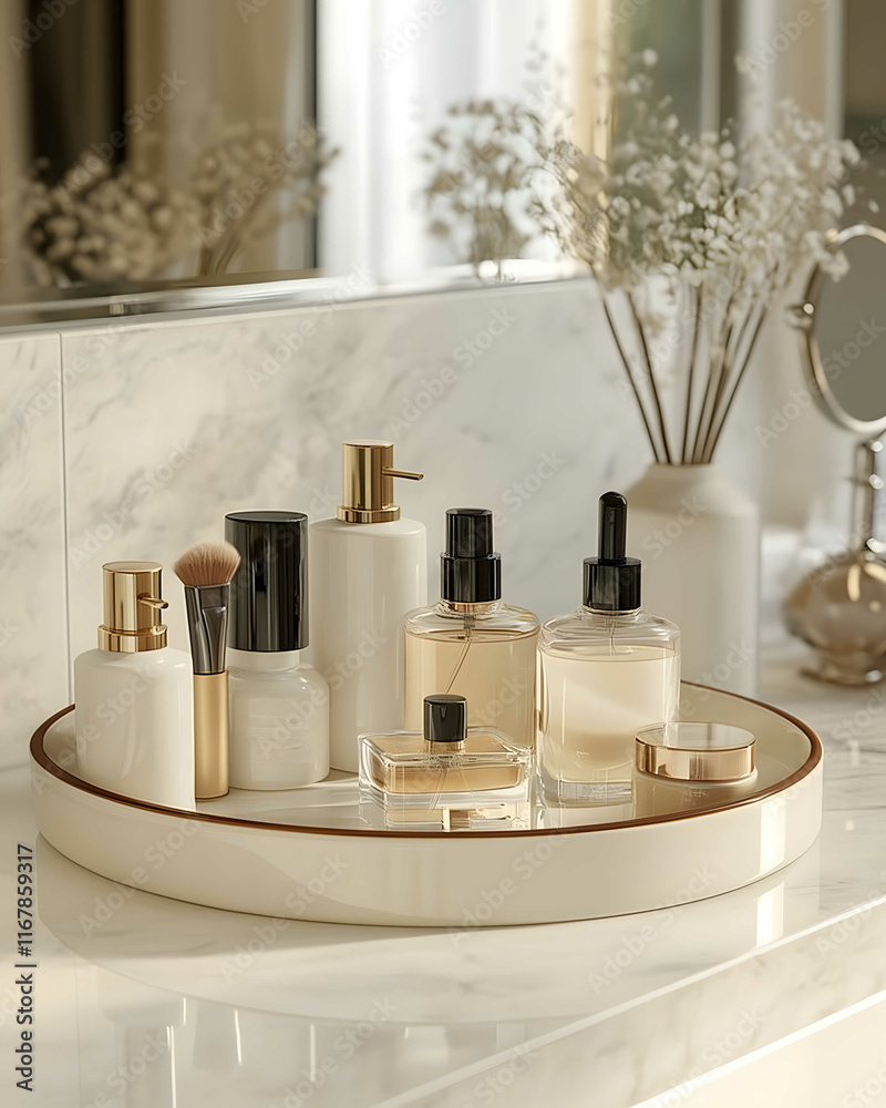 Create a wide image of a round ceramic tray in soft beige with a brown rim used as a cosmetics organizer in a bathroom The tray should have a smooth matte finish and be Create a wide image of a round ceramic tray in soft beige with a brown rim used as a cosmetics organizer in a bathroom The tray should have a smooth matte finish and be