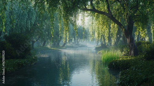 Misty Morning on a Tranquil Riverbank: Serene Willows in Early Light