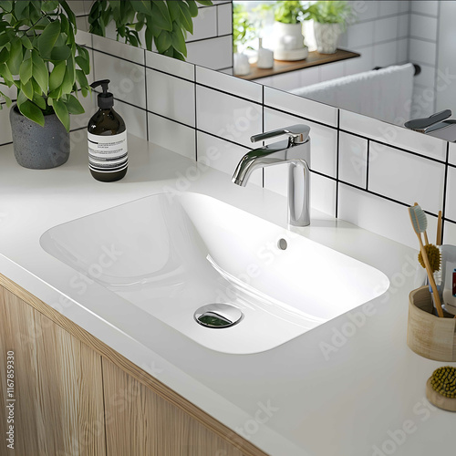 Closeup angled view of this elegant sink a rounded rectangular square undermount sink made of white porcelain against a clean and Scandinavian bathroom interior with vin