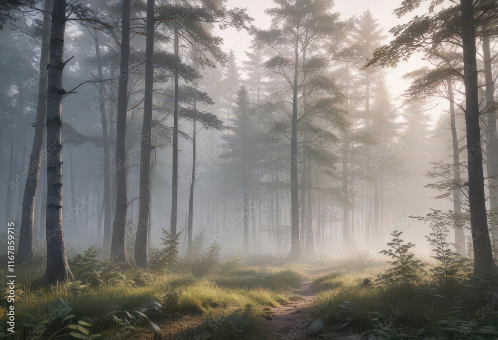 Obraz premium Misty forest at dawn with soft focus and subtle color gradation, foggy, forest, atmosphere