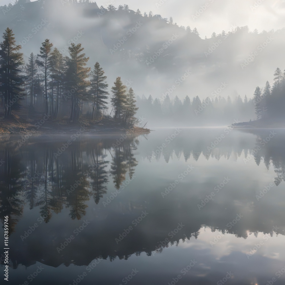 Fototapeta premium misty watercolor reflection on calm lake surface, subtle, peaceful, watercolor