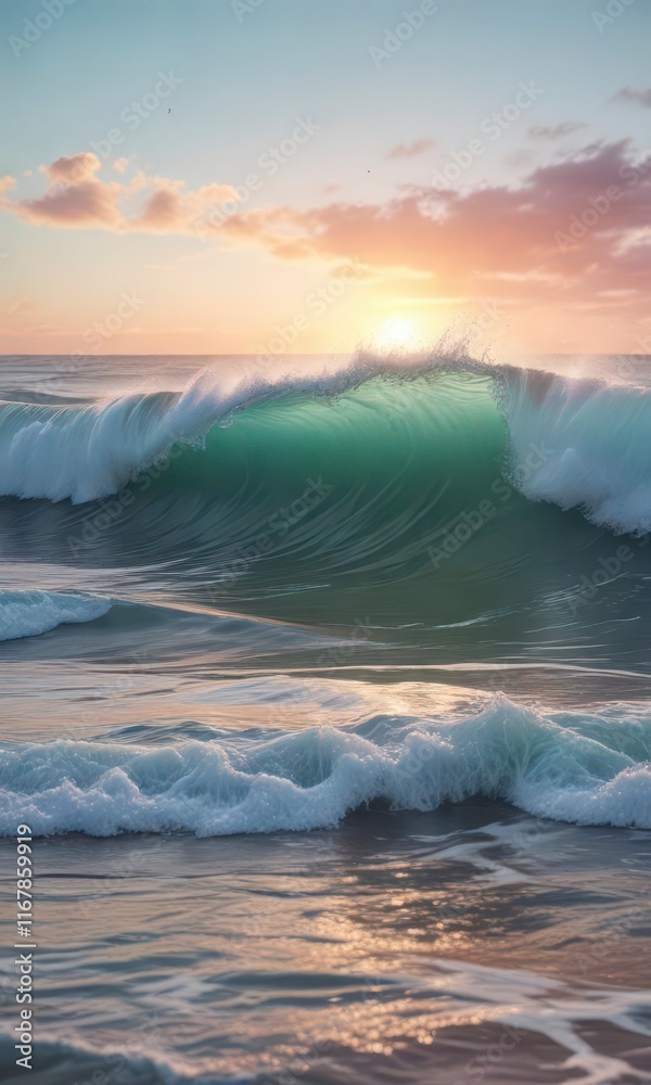 Fototapeta premium Ocean waves with pastel rainbow hues in the background, sunset, rainbow, wave