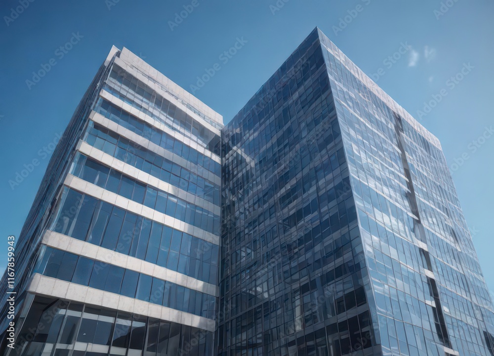 Office building with modern architecture against a clear blue sky, modern design, office space, skyscraper Office building with modern architecture against a clear blue sky, modern design, office space, skyscraper