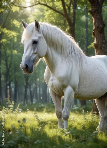 Rare white stallion with shimmering silver mane grazing in a serene forest glade,  fantasy, white stallion,  silver