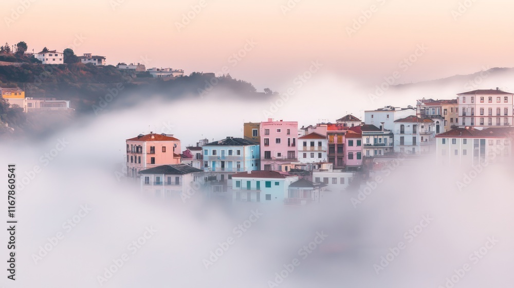 Obraz premium Serene Coastal Townscape on a Misty Morning with Colorful Buildings Emerging Through the Fog